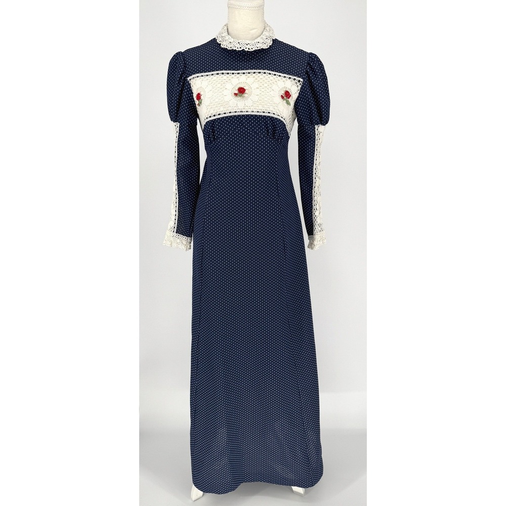 Vintage 70s Polka Dot Lace Maxi Dress S Blue Crochet Cottagecore Prairie Retro